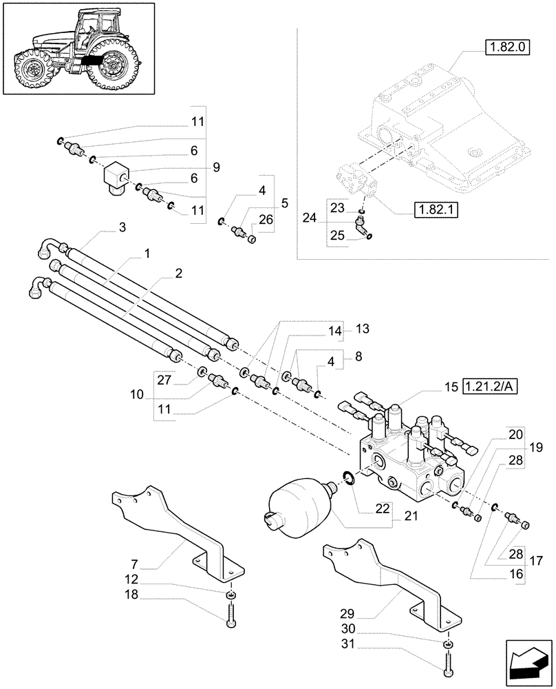 Схема запчастей Case IH MXM120 - (1.21.2/04) - (VAR.519-520) CLASS 4 4WD FRONT AXLE WITH SUSPENSIONS AND "TERRALOCK" - VALVE AND PIPES (03) - TRANSMISSION