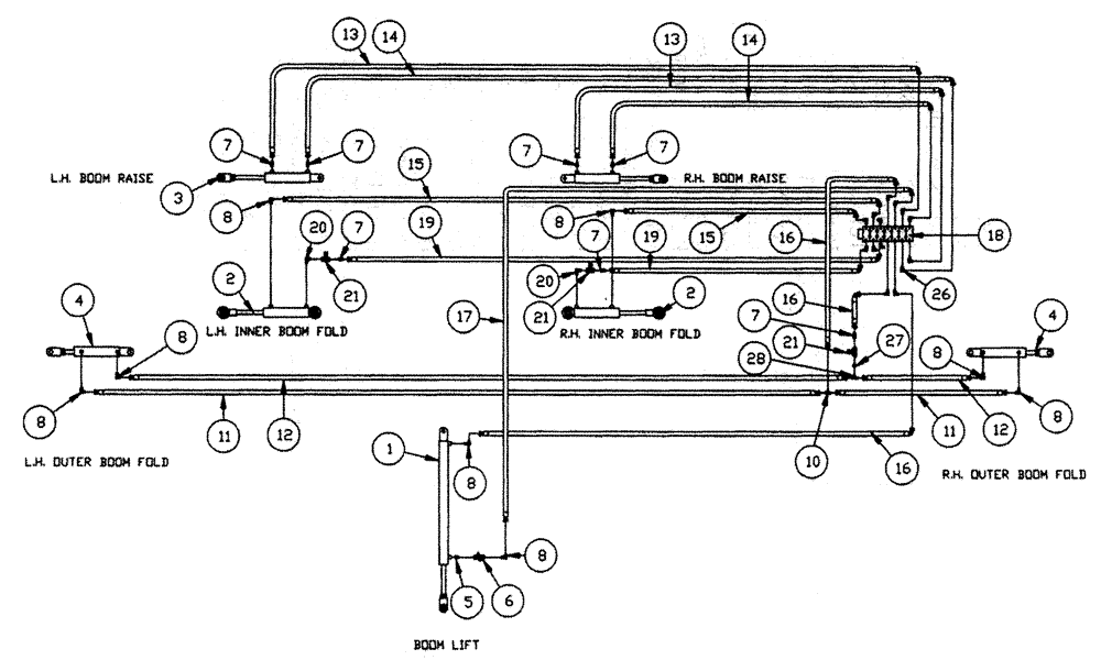 Схема запчастей Case IH TYLER - (05-002) - HYDRAULIC PLUMBING (60 & 75) BOOMS - TYLER SPRAYER, 7-BANK VALVE Hydraulic Plumbing