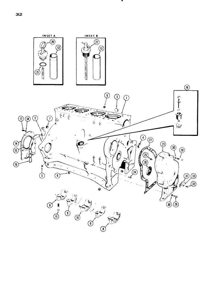 Схема запчастей Case IH 830-SERIES - (032) - CYLINDER BLOCK ASSEMBLY, MODEL 830, 301 DIESEL ENGINE, CASTING NO. A21000 AND A23443 (02) - ENGINE