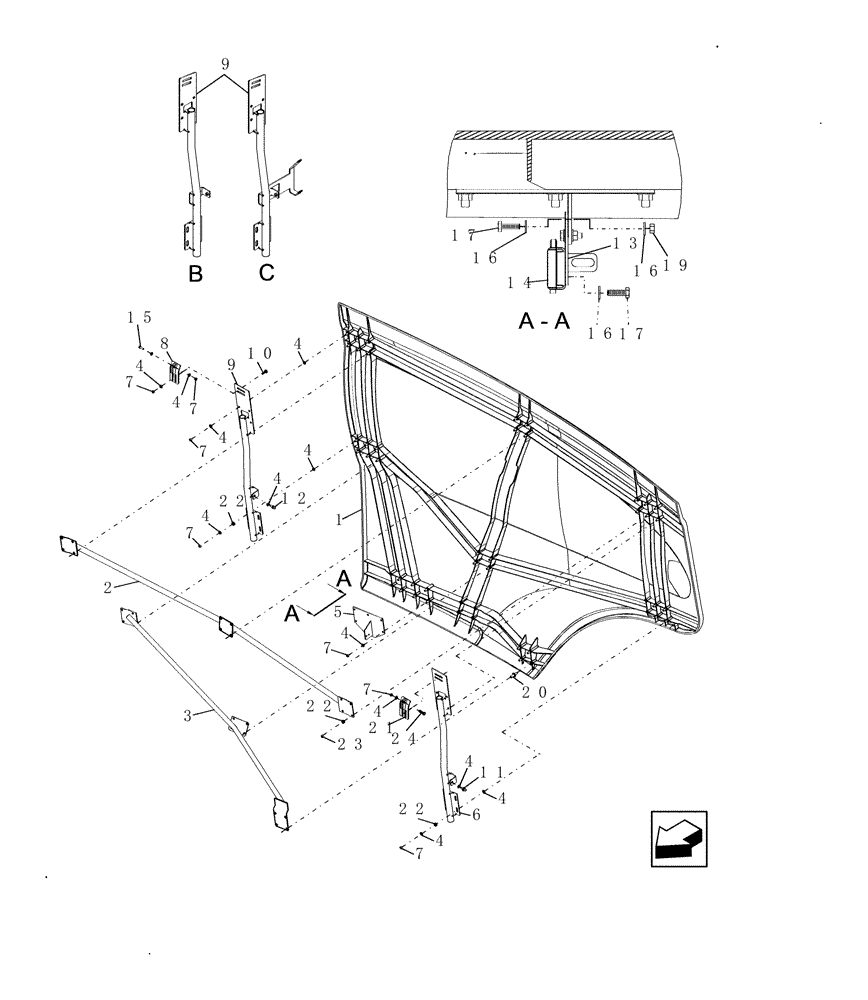 Схема запчастей Case IH 8010 - (90.100.17[01]) - PANEL, SIDE, FRONT, L.H. & R.H. - 7010/8010 (90) - PLATFORM, CAB, BODYWORK AND DECALS