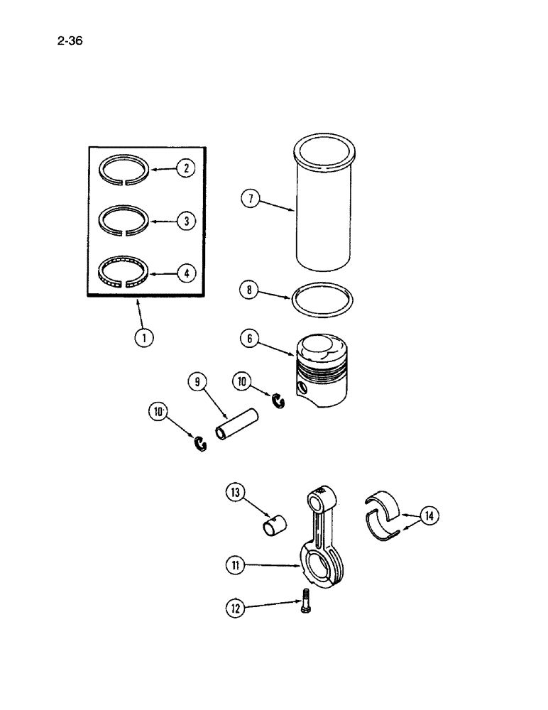 Схема запчастей Case IH 1640 - (2-36) - CONNECTING RODS, PISTONS AND SLEEVES, D466 ENGINE (01) - ENGINE