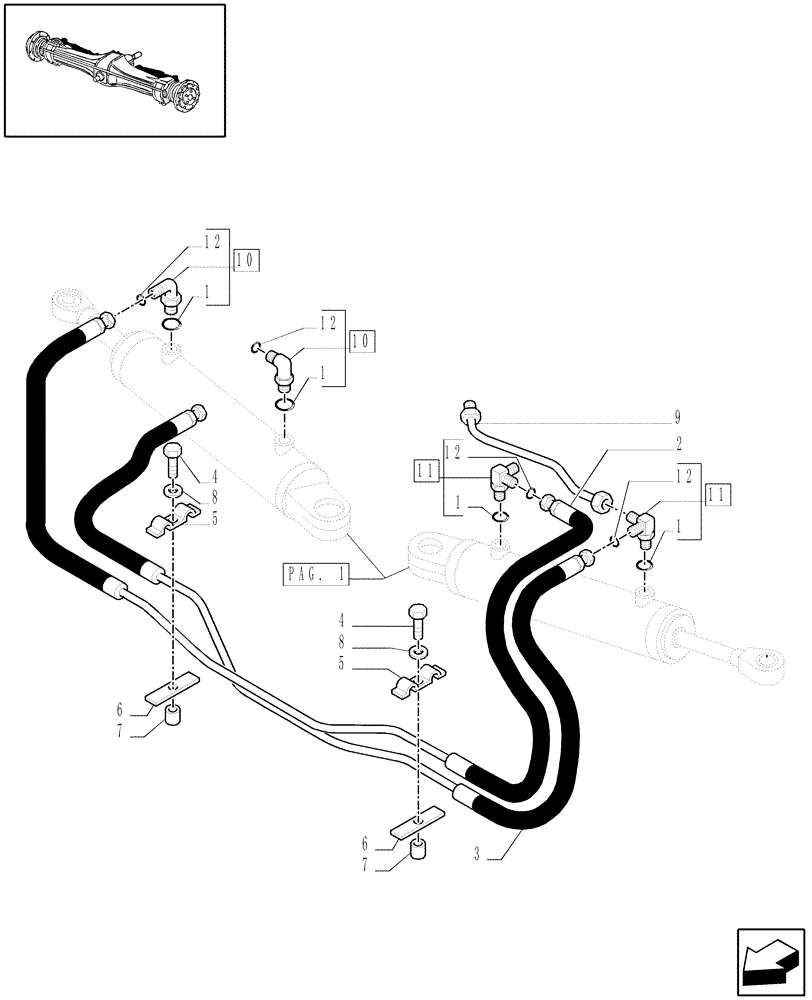 Схема запчастей Case IH MAXXUM 110 - (1.40. 4/12[02]) - (CL.3) SUSPENDED FRONT AXLE W/MULTI-PLATE DIFF. LOCK AND ST. SENSOR - CYLINDERS PIPES (VAR.330414) (04) - FRONT AXLE & STEERING