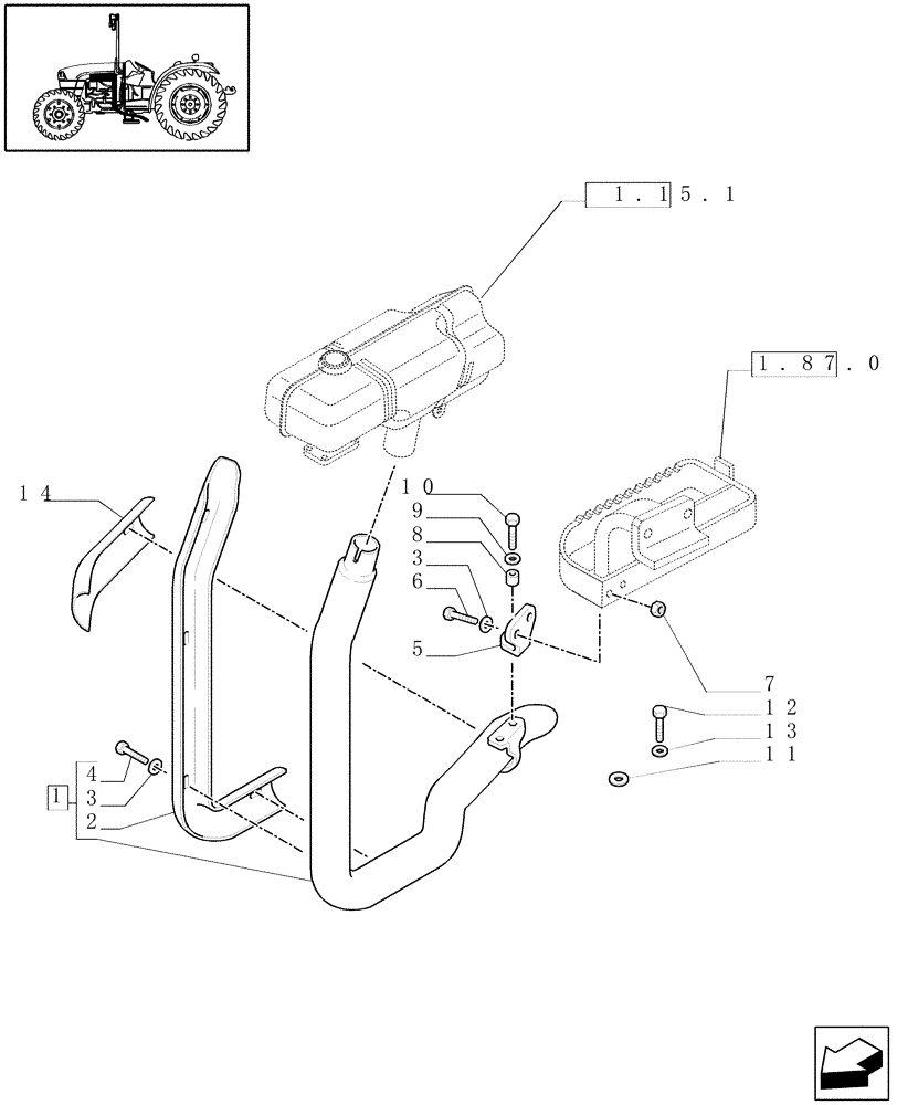 Схема запчастей Case IH JX1085C - (1.15.1/03) - (VAR.150) HORIZONTAL EXHAUST WITH GUARD SHIELD - SILENCER AND GUARD (02) - ENGINE EQUIPMENT