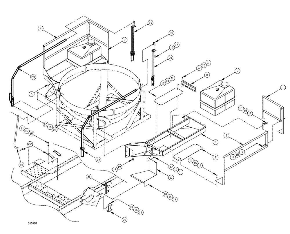 Схема запчастей Case IH SPX3200B - (157) - RINSE AND DECK ASSEMBLY - SPHERICAL TANK (78) - SPRAYING