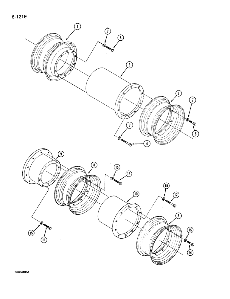 Схема запчастей Case IH 9250 - (6-121E) - WHEELS AND SPACERS, USED WITH 420/80R 46 TIRES, DUAL FRONT AND DUAL REAR, FRONT AXLE (06) - POWER TRAIN