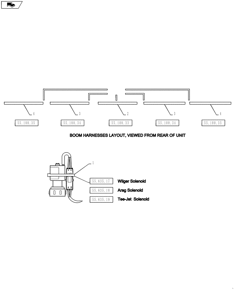 Схема запчастей Case IH 4430 - (55.635.11) - AIM COMMAND, 90 BOOM, 5 SECTION BOOM HARNESS AND SOLENOIDS (55) - ELECTRICAL SYSTEMS