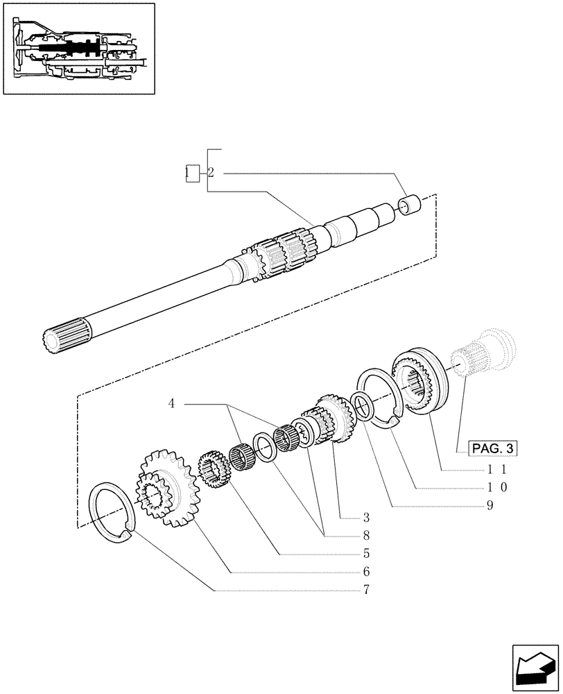 Схема запчастей Case IH JX1090U - (1.28.1/02[02]) - (VAR.113-119-119/1) SYNCHRONIZED CREEPER AND REVERSER UNIT - SHAFTS AND GEARS (03) - TRANSMISSION