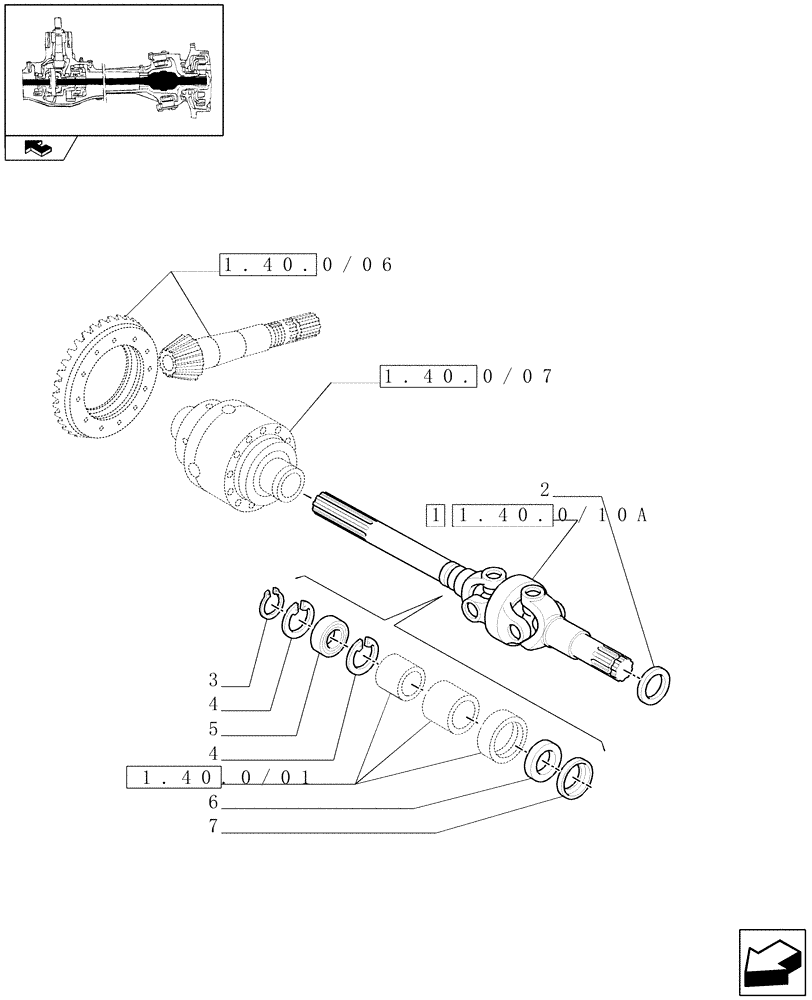 Схема запчастей Case IH FARMALL 105V - (1.40.0/10[01]) - STANDARD FRONT AXLE WITH ELECTROHYDR. DIFF. LOCK LESS FRONT BRAKES (40 KM/H) - AXLE-SHAFT ARTICUL. (04) - FRONT AXLE & STEERING