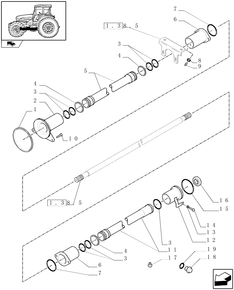 Схема запчастей Case IH FARMALL 105U - (1.38.5/01) - 4WD WATER PROOF TRANSMISSION - SLEEVES AND SUPPORTS (VAR.330448) (04) - FRONT AXLE & STEERING