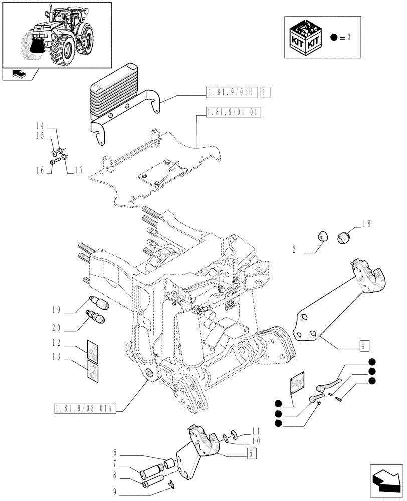 Схема запчастей Case IH PUMA 195 - (1.81.9/03[02A]) - (VAR.091) FRONT HPL FOR MID MOUNT REMOTES WITH PTO, WITH AUX. COUPLERS - LINK AND ARMS - D6726 (07) - HYDRAULIC SYSTEM