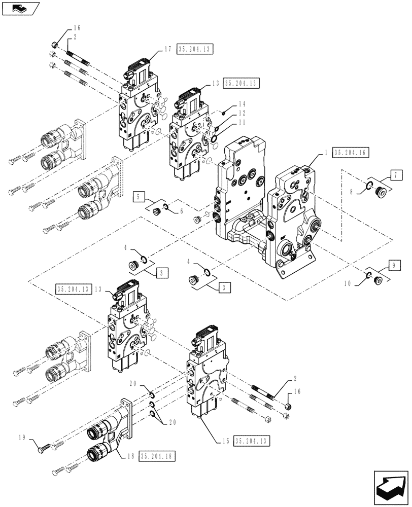 Схема запчастей Case IH QUADTRAC 550 - (35.204.02) - AUXILIARY VALVE STACK - 4 SPOOL - MEGA FLOW (35) - HYDRAULIC SYSTEMS