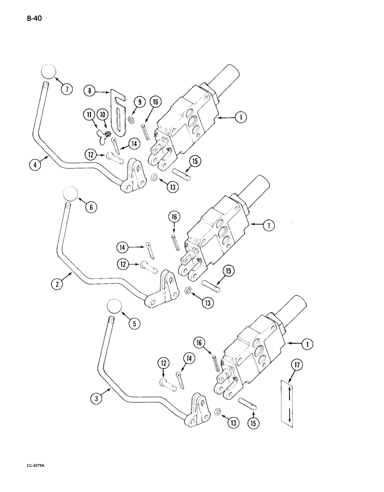 Схема запчастей Case IH 995 - (8-40) - REMOTE AUXILIARY VALVE CONTROL, FIRST, SECOND AND THIRD BANK, WITHOUT CAB (08) - HYDRAULICS