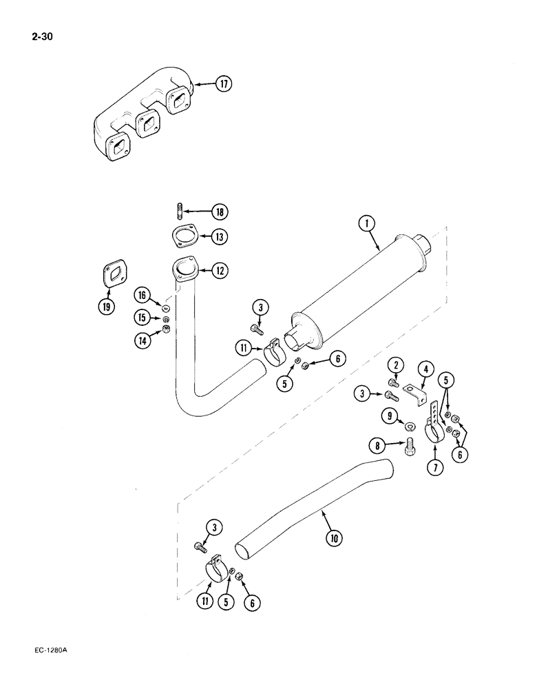 Схема запчастей Case IH 385 - (2-030) - UNDERSLUNG EXHAUST AND MANIFOLD, TRACTORS P.I.N. 18001 AND AFTER (02) - ENGINE