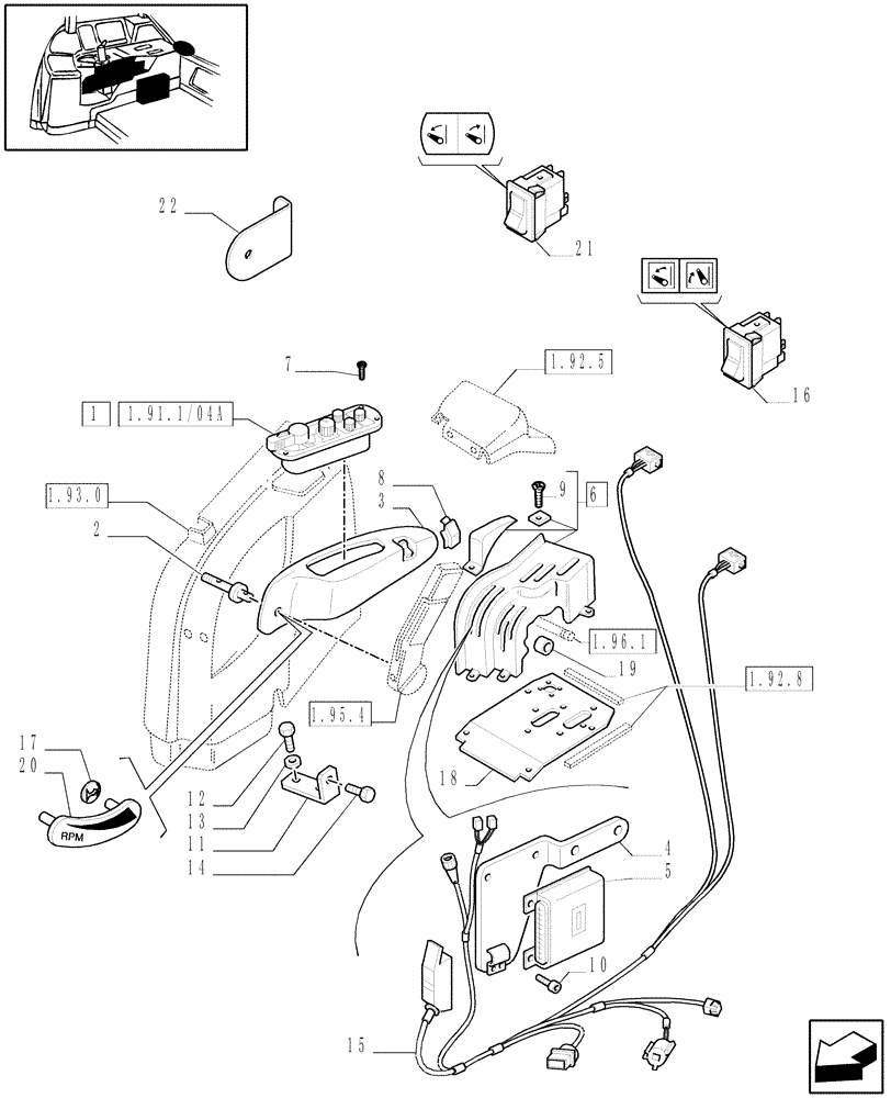 Схема запчастей Case IH JX1080U - (1.91.1/04) - (VAR.250) ELECTRONIC LIFTING - CONTROL PANEL (10) - OPERATORS PLATFORM/CAB