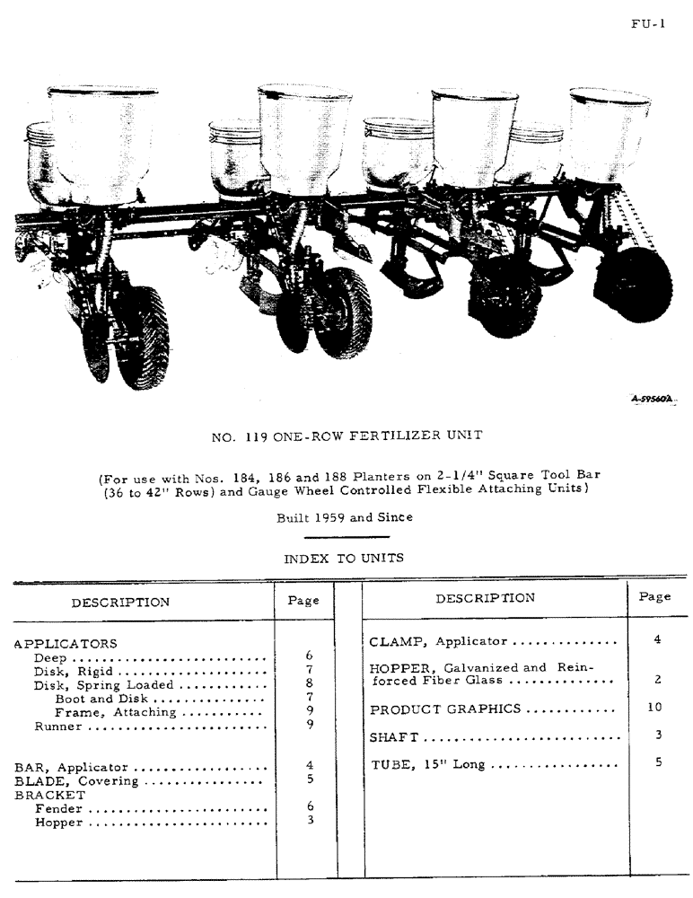 Схема запчастей Case IH 119 - (K-01) - NO. 119 ONE-ROW FERTILIZER UNIT - INDEX TO UNITS 