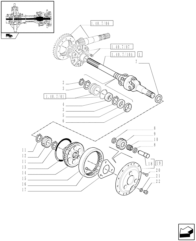 Схема запчастей Case IH PUMA 125 - (1.40. 7/10[01]) - (CL.3) FRONT AXLE W/MULTI-PLATE DIFF.LOCK AND STEERING SENS - DIFFER.GEARS & DIFF.SHAFT - C5954 (VAR.330409) (04) - FRONT AXLE & STEERING