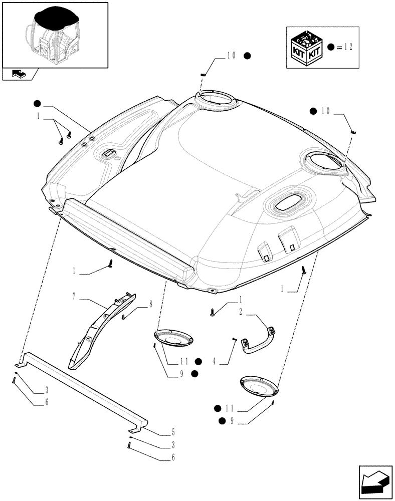 Схема запчастей Case IH PUMA 155 - (1.94.0/05[01]) - NAR ROOF WITH HIGH PROFILE LESS HIGH VISIBILITY PANEL - HEADLINER - C5936 (VAR.331827) (10) - OPERATORS PLATFORM/CAB