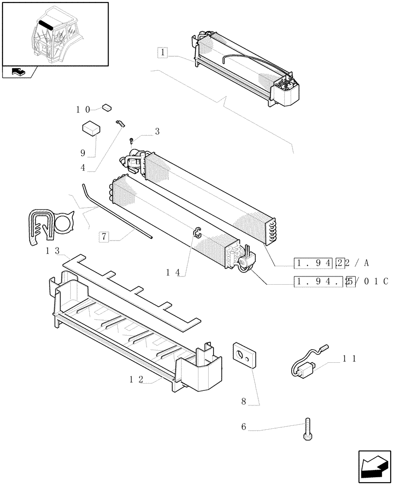 Схема запчастей Case IH FARMALL 95U - (1.94.2/01B) - AIR CONDITIONING - RADIATOR CORES AND EVAPORATOR (VAR.330641-331641) (10) - OPERATORS PLATFORM/CAB