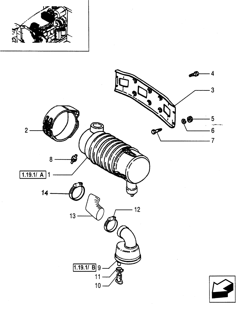 Схема запчастей Case IH JX55 - (1.19.1[01]) - DRY AIR FILTER - BRACKETS AND COLLARS (02) - ENGINE EQUIPMENT