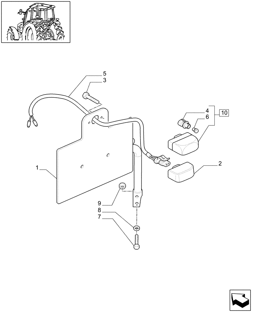 Схема запчастей Case IH MAXXUM 130 - (1.98.3/01[01]) - LICENSE PLATE LAMP & SUPPORT, MOUNTING ON MUDGUARD - W/CAB (VAR.330958-333958) (10) - OPERATORS PLATFORM/CAB