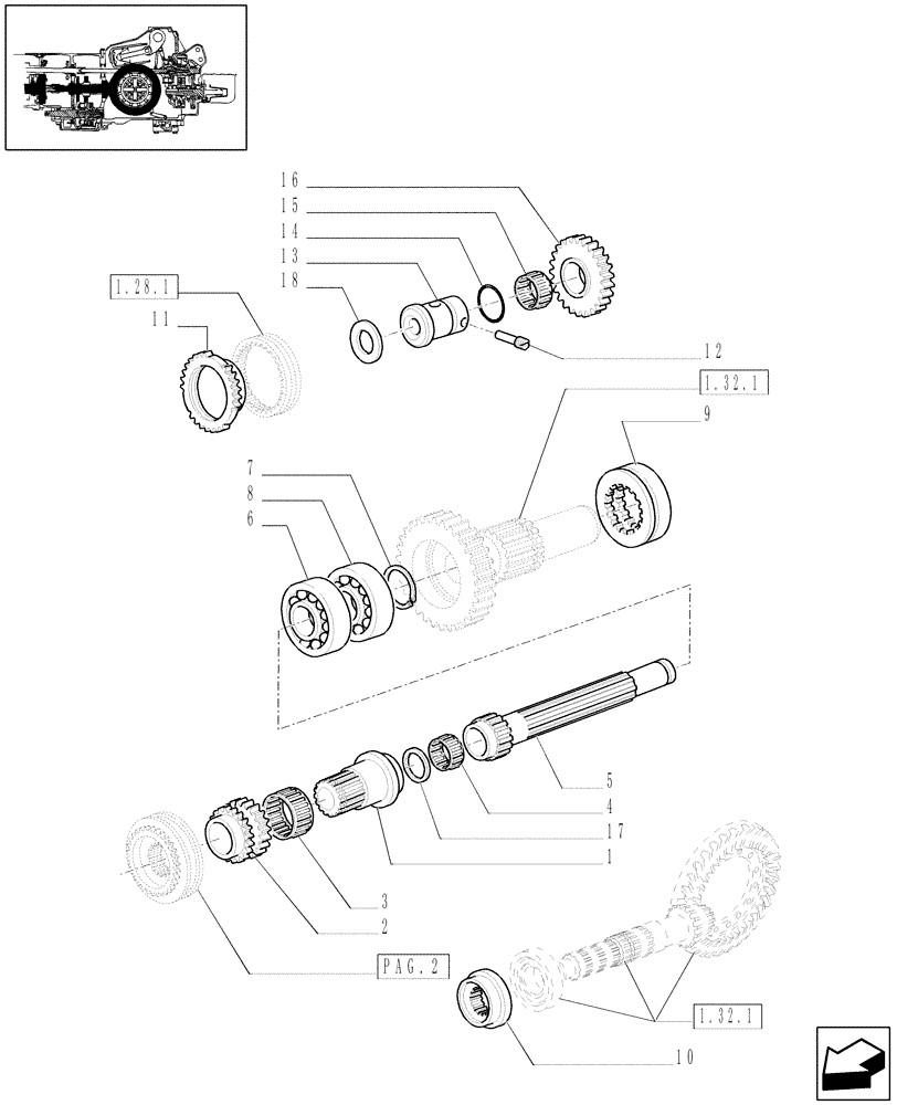 Схема запчастей Case IH JX1080U - (1.28.1/02[03]) - (VAR.113-119-119/1) SYNCHRONIZED CREEPER AND REVERSER UNIT - SHAFTS AND GEARS (03) - TRANSMISSION