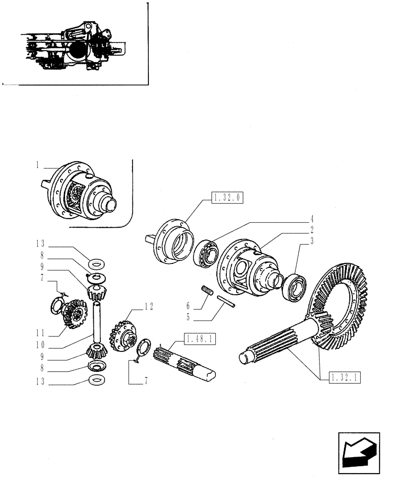 Схема запчастей Case IH JX95 - (1.32.4[02]) - DIFFERENTIAL GEARINGS - DIFFERENTIAL BOX AND GEARS (03) - TRANSMISSION