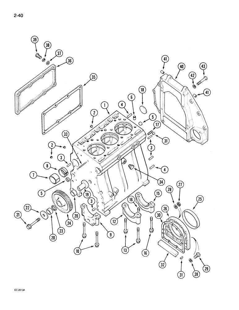 Схема запчастей Case IH 395 - (2-040) - CYLINDER BLOCK, SIDE COVER AND FLYWHEEL HOUSING (02) - ENGINE