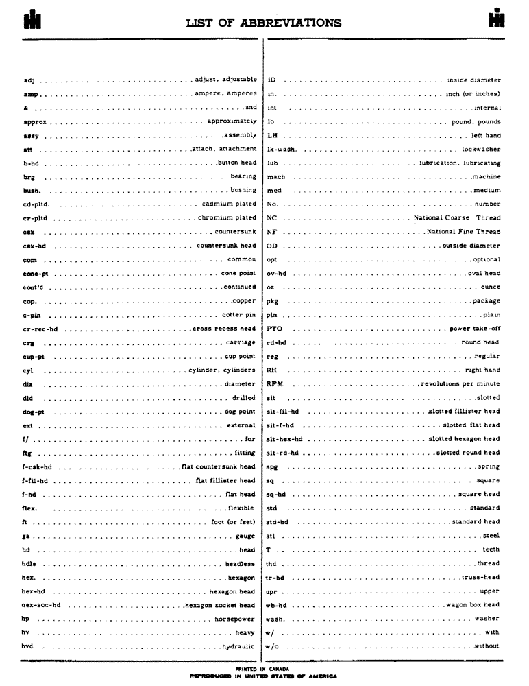 Схема запчастей Case IH 10 - (3) - LIST OF ABBREVIATIONS 