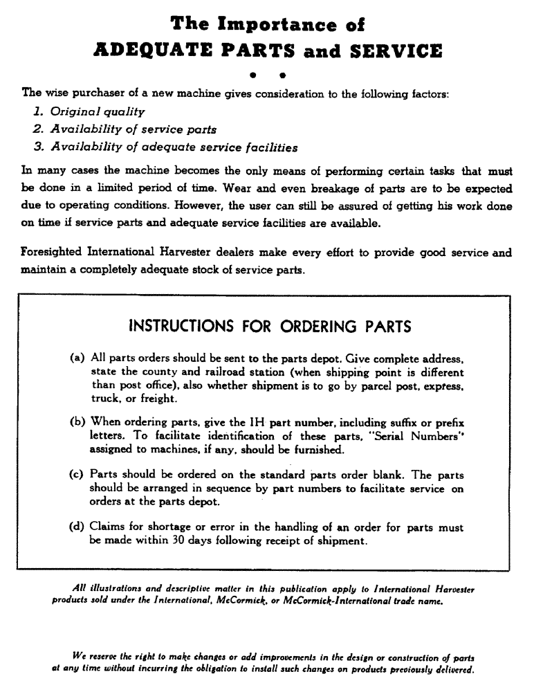 Схема запчастей Case IH FARMALL BN - (001A) - THE IMPORTANCE OF ADEQUATE PARTS AND SERVICE (00) - GENERAL