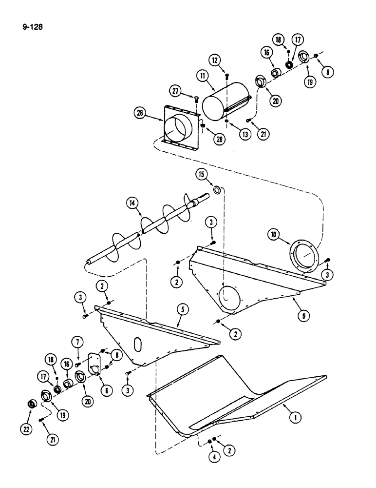 Схема запчастей Case IH 1620 - (9-128) - GRAIN AUGER TROUGH, NONPERFORATED (16) - GRAIN ELEVATORS & AUGERS