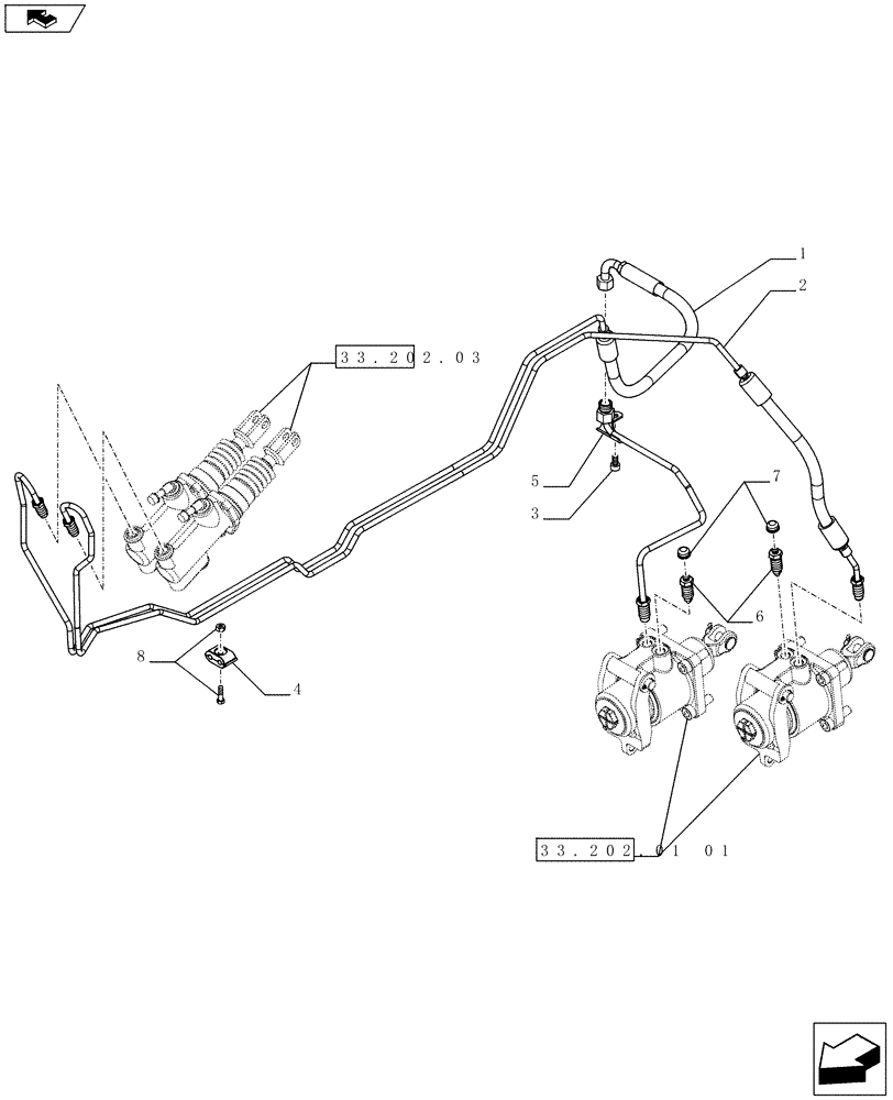 Схема запчастей Case IH FARMALL 75C - (33.202.01[02]) - HYDRAULIC BRAKES - DELIVERY PIPES TO CYLINDERS (33) - BRAKES & CONTROLS