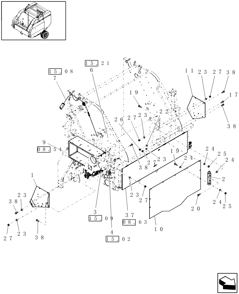 Схема запчастей Case IH RBX553 - (15.05[1]) - ELECTRIC TWINE WRAP, SHIELDS, PRIOR TO P.I.N. Y6N016413 (15) - KNOTTER /WRAPPER