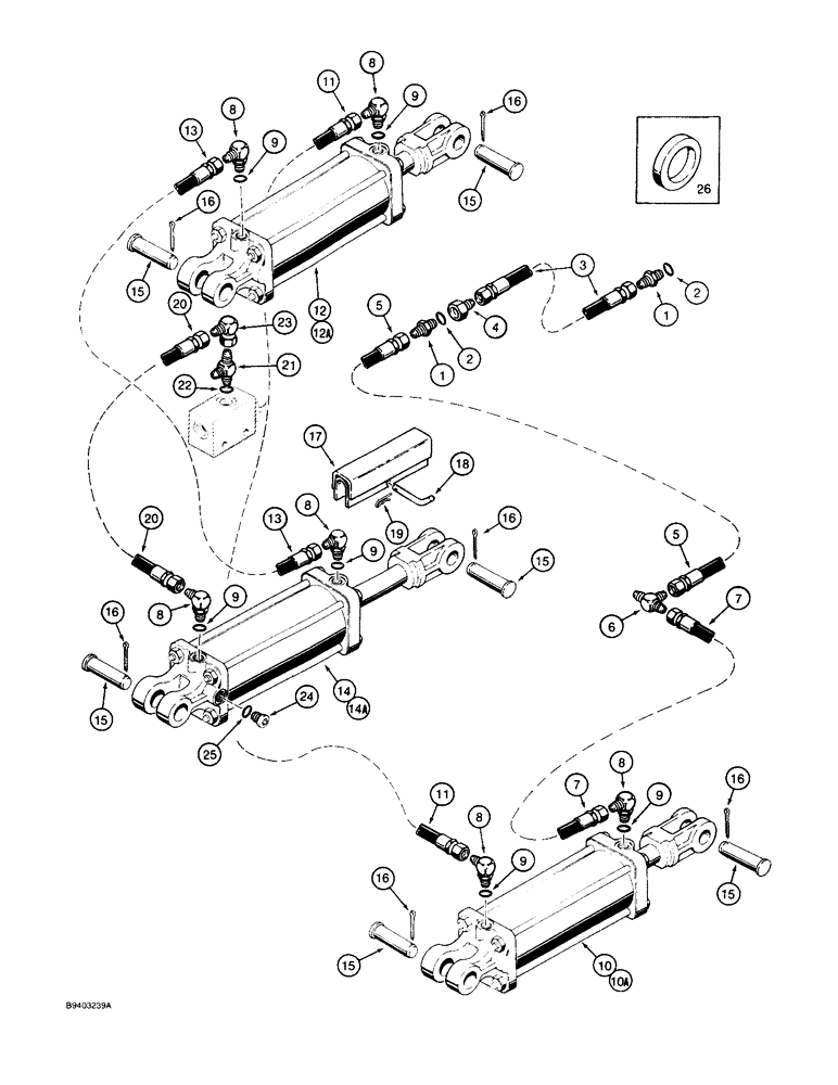 Схема запчастей Case IH 8500 - (8-44) - GAUGE WHEEL LINES, RIGHT HAND GAUGE WHEEL CYLINDERS, WITH MIDWAY TIE TYPE CYLINDERS, 33 WIDE DRILL (08) - HYDRAULICS