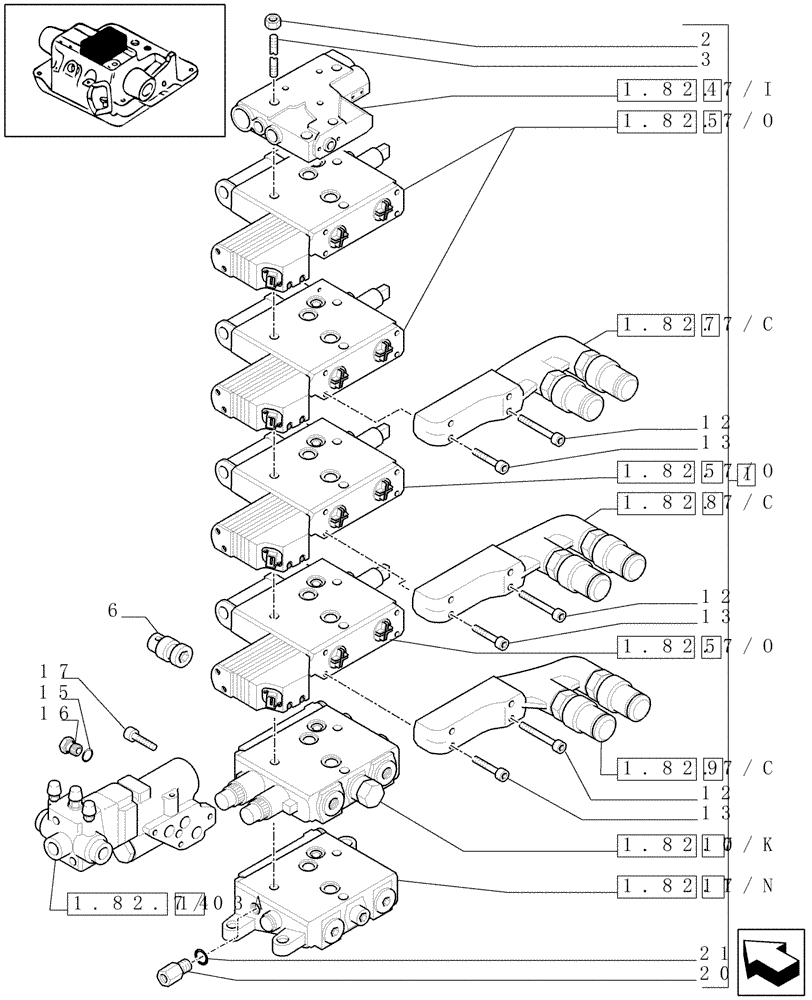 Схема запчастей Case IH MXU100 - (1.82.7/30[05]) - (VAR.378) 4 CCLS (EDC) ELECTR. CONTR. VALVES WITH TRAILER BRAKE VALVE (ITALY) AND ASSOCIATED PARTS - D5504 (07) - HYDRAULIC SYSTEM