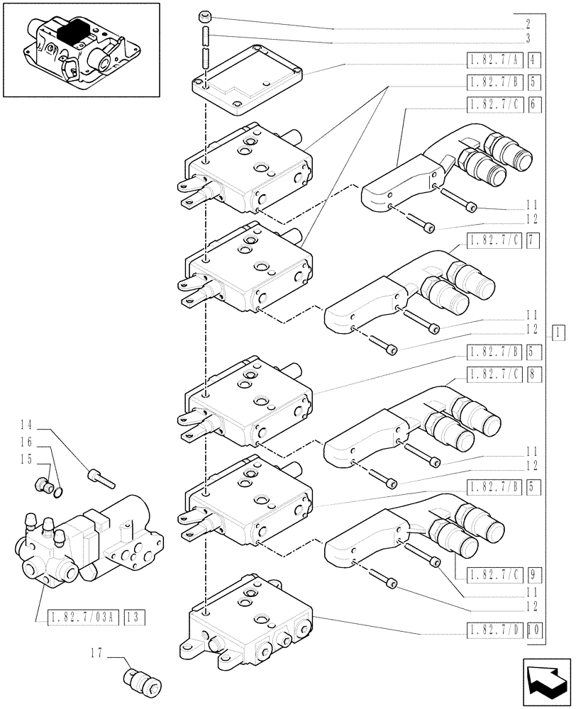 Схема запчастей Case IH MXU125 - (1.82.7/12[02]) - (VAR.259) 4 CONTROL VALVES WITH TRAILER BRAKE VALVE (ITALY) AND ASSOCIATED PARTS (07) - HYDRAULIC SYSTEM