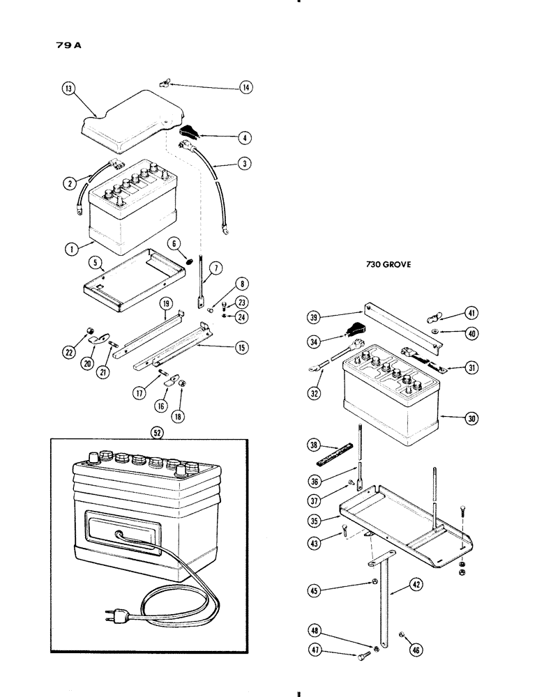 Схема запчастей Case IH 730 SERIES - (079A) - BATTERY AND SUPPORT CABLES, 251 AND 284 SPARK IGNIT ENG, ALL 730 AND 830 EXCEPT GROVE, AND 730 GROVE (04) - ELECTRICAL SYSTEMS