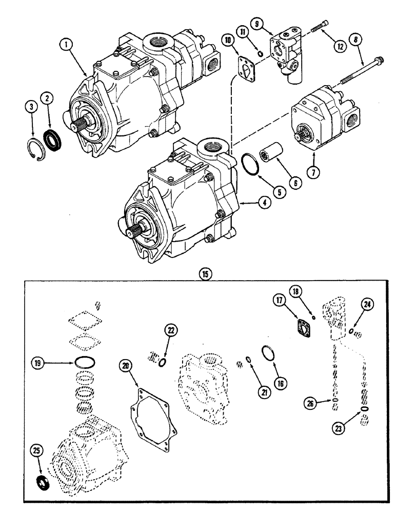 Схема запчастей Case IH 2290 - (8-388) - HYDRAULICS, GEAR AND PISTON PUMP ASSEMBLY, TRANSMISSION SERIAL NUMBER 16210895 AND AFTER (08) - HYDRAULICS