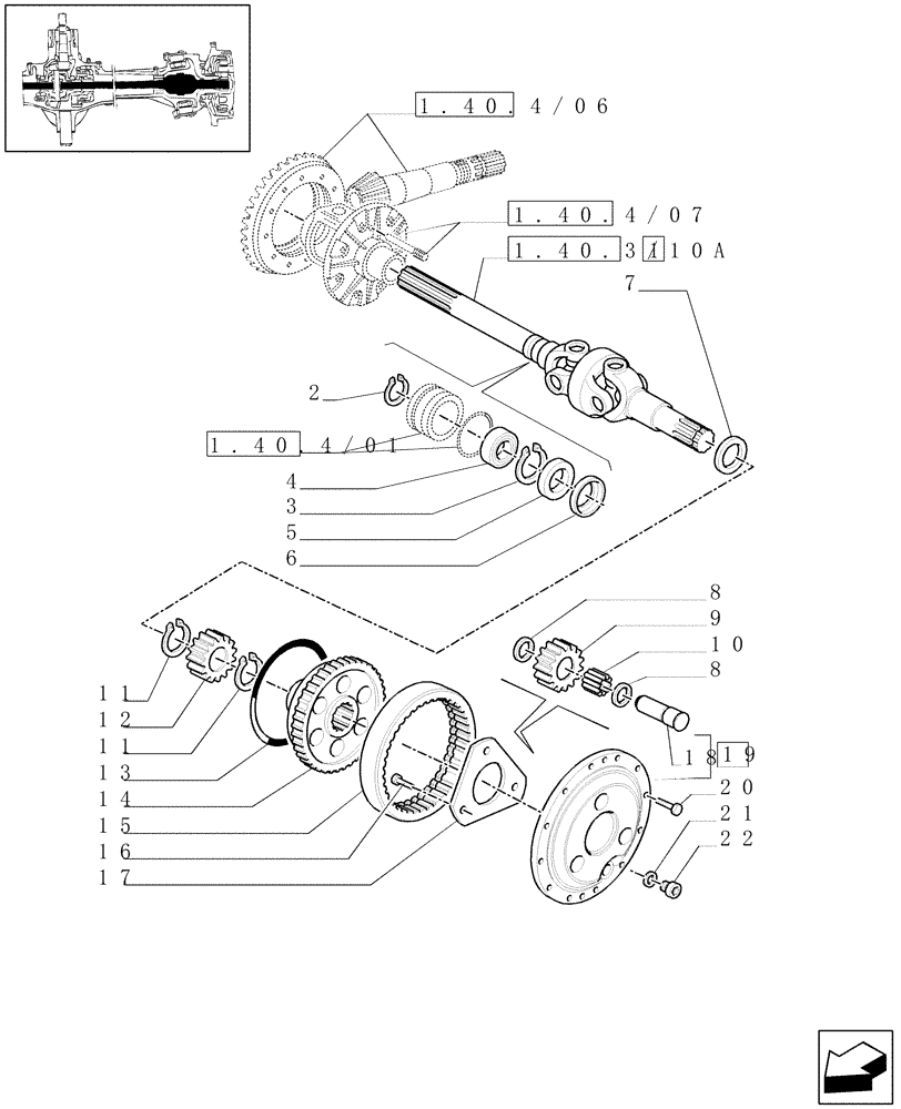 Схема запчастей Case IH MAXXUM 115 - (1.40. 4/10[01B]) - (CL.3) SUSPENDED FRONT AXLE WITH DOG CLUTCH AND STEERING SENSOR - SHAFT AND GEAR TRAIN - D6449 (VAR.330414) (04) - FRONT AXLE & STEERING