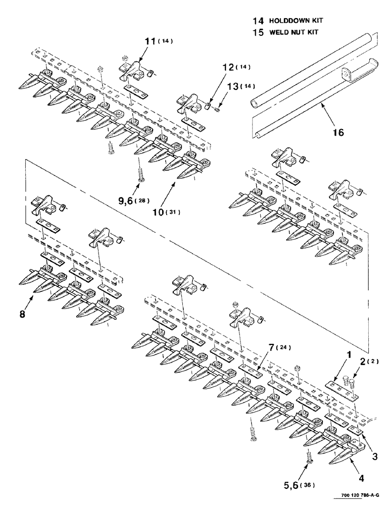 Схема запчастей Case IH 8820 - (3-24) - HOLDDOWN AND GUARD ASSEMBLY, 16 FOOT SUPER EXTENDED TANG (09) - CHASSIS