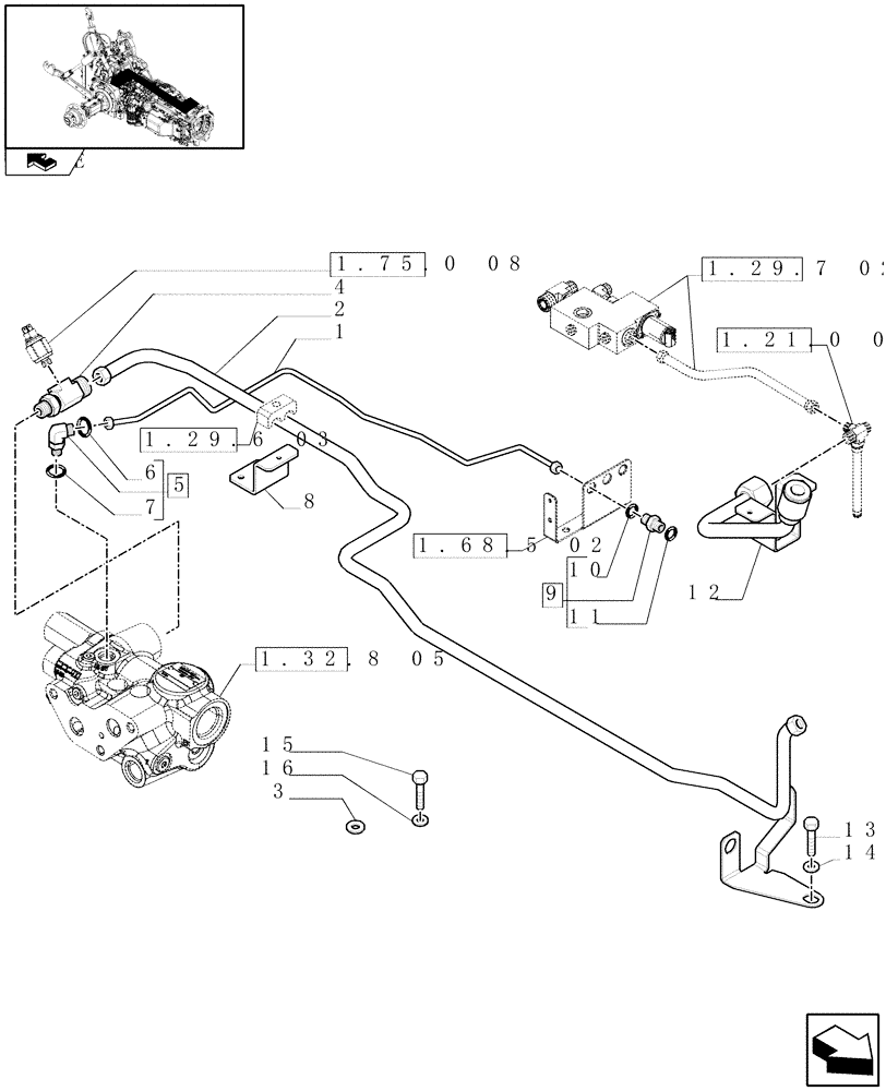 Схема запчастей Case IH PUMA 225 - (1.42.0[02]) - POWER STEERING DELIVERY AND RETURNS PIPES - C6995 (04) - FRONT AXLE & STEERING