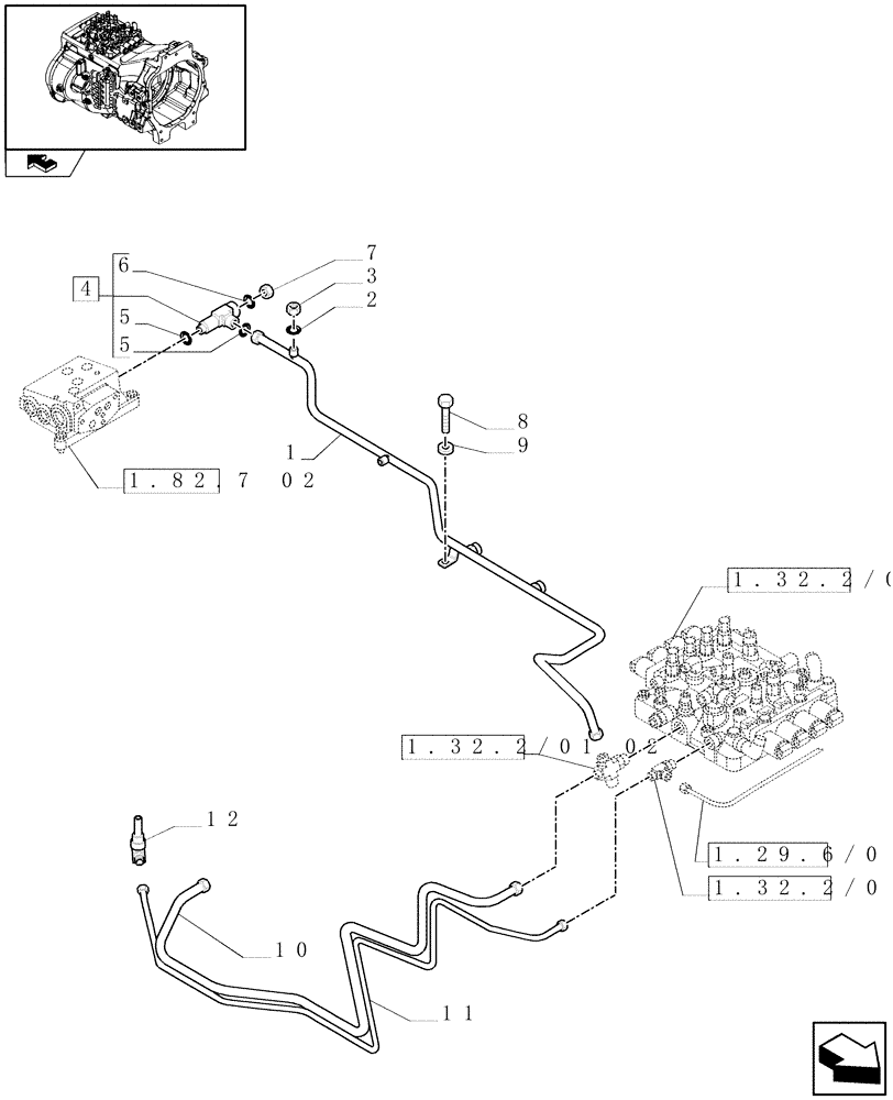 Схема запчастей Case IH PUMA 140 - (1.29.6/01[03]) - FULL POWER-SHIFT TRANS. 18X6 AND 19X6 - LOW PRESSURE GEARBOX CONTROL PIPES (VAR.330285) (03) - TRANSMISSION