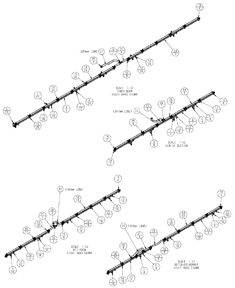 Схема запчастей Case IH 3185 - (09-050) - PLUMBING, SPRAY NOZZLE MOUNTING, 7 SECTION, LO-FLOW Liquid Plumbing