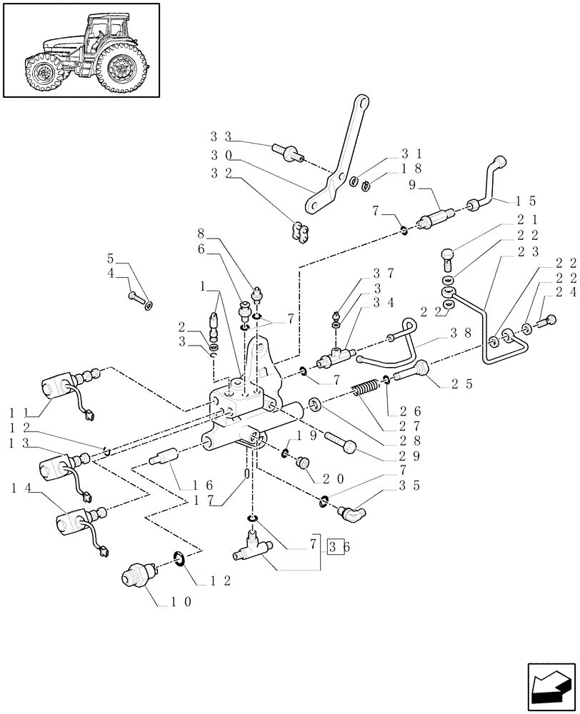 Схема запчастей Case IH JX1100U - (1.33.2/01[02A]) - IDLER CONTROLS 4WD - PIPES & SOLENOID VALVES - D5642 (04) - FRONT AXLE & STEERING