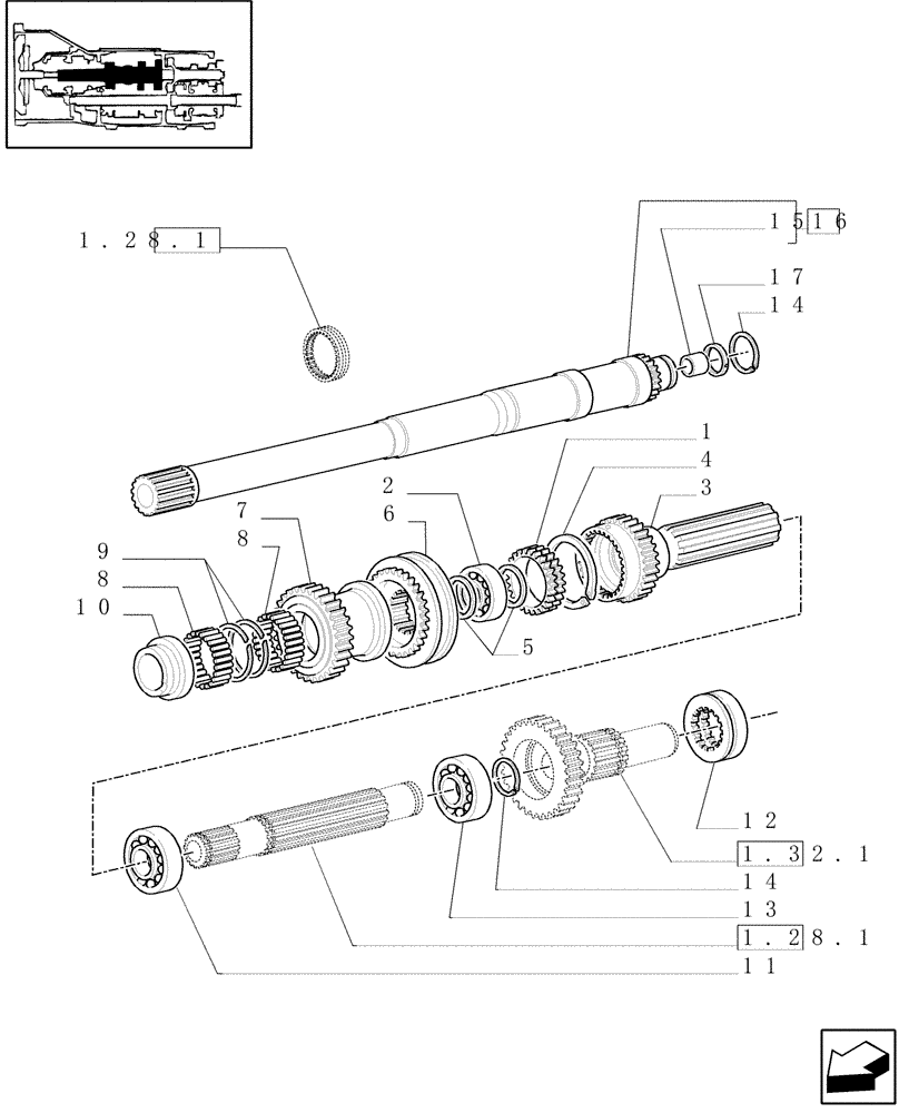 Схема запчастей Case IH JX80U - (1.28.1/01[01]) - (VAR.109-110) SYNCHRONIZED MECHANICAL REVERSER UNIT - SHAFTS AND GEARS (03) - TRANSMISSION