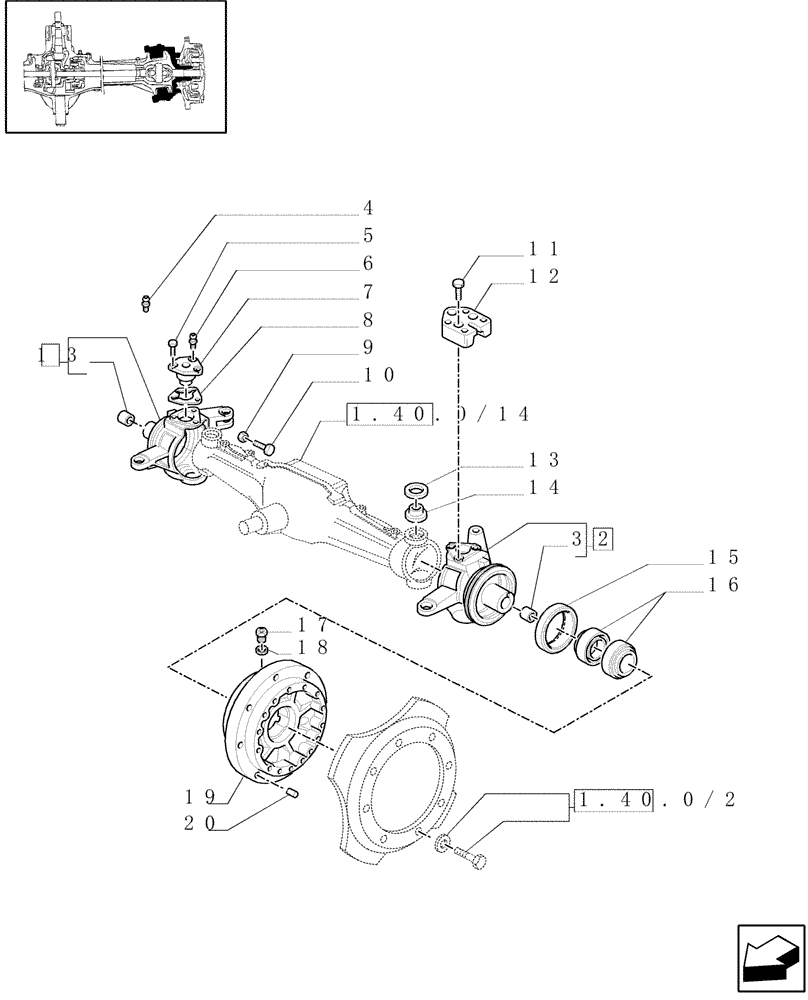 Схема запчастей Case IH JX80U - (1.40.0/25) - (VAR.415) FRONT AXLE CL. 2/BRAKE, FRONT MUDGARD HYDR. DIFF. LOCK. HYDR.TRANSM. - STEERING PIVOT PIN (04) - FRONT AXLE & STEERING