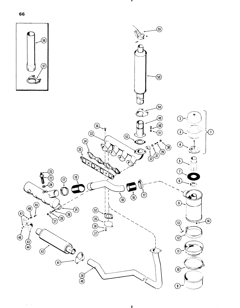 Схема запчастей Case IH 570 - (066) - AIR CLEANER-MANIFOLD-MUFFLER, 570 (188) DIESEL ENGINE (02) - ENGINE