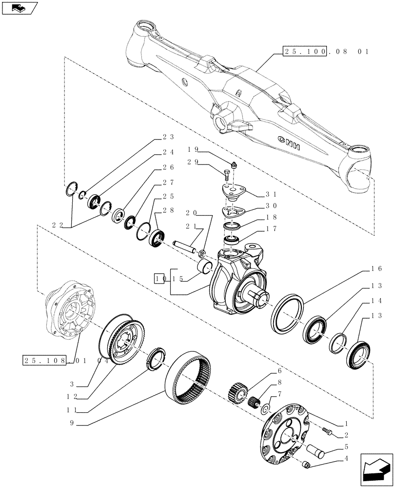 Схема запчастей Case IH FARMALL 65C - (25.108.01[01]) - 4WD FRONT AXLE - DIFFERENTIAL GEARS - STEERING KNUCKLES (25) - FRONT AXLE SYSTEM