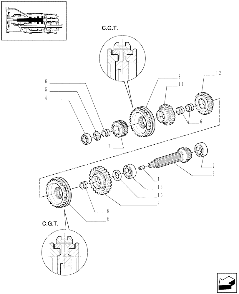 Схема запчастей Case IH JX95 - (1.28.1/01[05]) - (VAR.113-115) 20X12 TRANSMISSION WITH SYNCHRO SHUTTLE AND CREEPER - SHAFTS AND GEARS (03) - TRANSMISSION