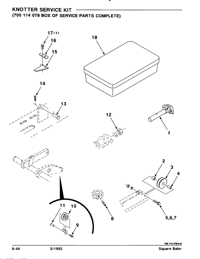 Схема запчастей Case IH 8570 - (6-44) - KNOTTER SERVICE KIT, 700114078 BOX OF SERVICE PARTS COMPLETE (14) - BALE CHAMBER