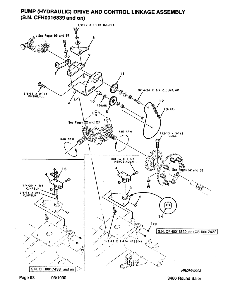 Схема запчастей Case IH 8460 - (058) - PUMP, HYDRAULIC, DRIVE AND CONTROL LINKAGE ASSEMBLY, SERIAL NUMBER CFH0016839 AND ON (07) - HYDRAULICS